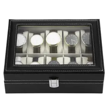 10 slotów faux zegarek pudełko wyświetlacz biżuteria bransoletka uchwyt do przechowywania pudełko etui czarny zegarek pudełko pudełko Caja de watch