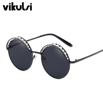 2018 luksusowe koraliki okrągłe okulary damskie moda stop ramka marki perły projektant okulary dla kobiet czarne odcienie UV400 nowy