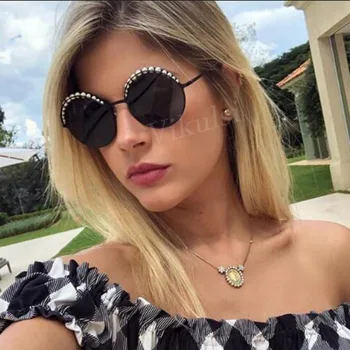 2018 luksusowe koraliki okrągłe okulary damskie moda stop ramka marki perły projektant okulary dla kobiet czarne odcienie UV400 nowy