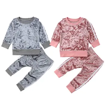 2018 nowy maluch Baby Girls moda odzież zestawy 2szt aksamit z długim rękawem sweter bluza bluzy+spodnie strój 6M-5Y