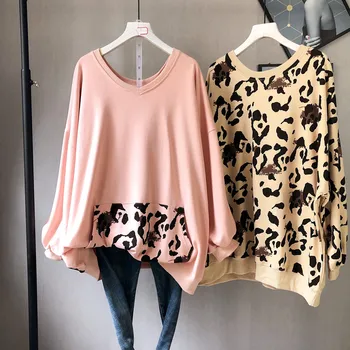 2020 jesień nowy przyjazd moda bluzy Leopard literackie temat cienkie V-neck plus rozmiar z długim rękawem bluzy Darmowa wysyłka