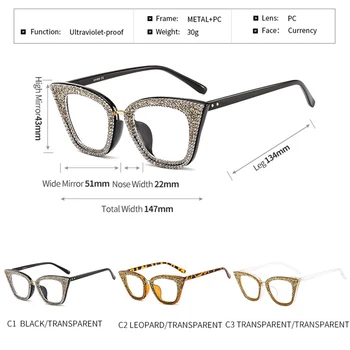 2020 Kryształ Kocie oko okulary ramka damska moda Diament przezroczyste okulary gumtree luksus