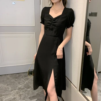 2020 lato nowy francuski retro split talia Talia V-neck suknia czarny przekładany rękaw szyfonowa sukienka