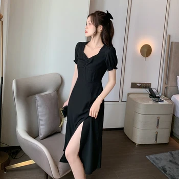 2020 lato nowy francuski retro split talia Talia V-neck suknia czarny przekładany rękaw szyfonowa sukienka