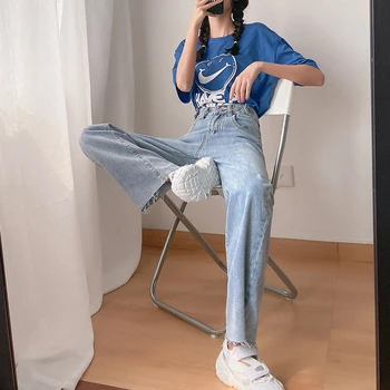 2020 Letnie Luźne Dżinsy Dla Kobiet Z Wysokim Stanem Jednolity Koreański Styl Niebieski Spodnie Na Nogi Plus Rozmiar Bezpośrednie Temat Długie Dżinsy Mons Kobieta