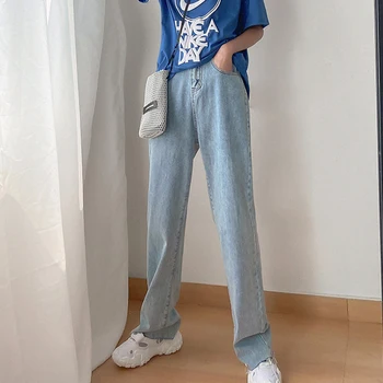 2020 Letnie Luźne Dżinsy Dla Kobiet Z Wysokim Stanem Jednolity Koreański Styl Niebieski Spodnie Na Nogi Plus Rozmiar Bezpośrednie Temat Długie Dżinsy Mons Kobieta