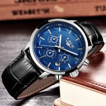 2020 New LIGE Mens Zegarki Top Brand Leather Chronograph Watch For Men Automatic Date Wodoodporny Sport Luxury Quartz Clock+Box
