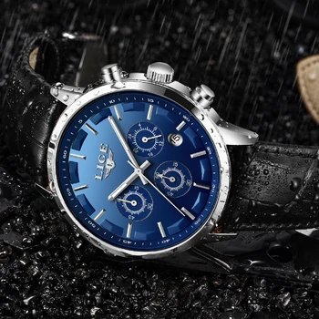 2020 New LIGE Mens Zegarki Top Brand Leather Chronograph Watch For Men Automatic Date Wodoodporny Sport Luxury Quartz Clock+Box