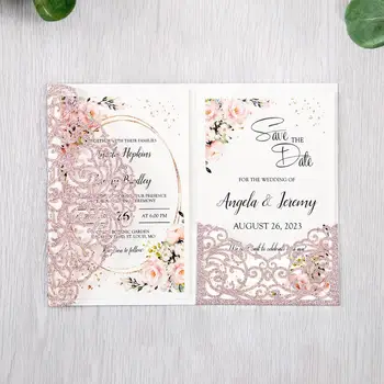 50szt bordowy kolor elegancki kwiat cięcie laserowe ślubne kartki blask promienny zaproszeniu kieszeń na ślub z kopertą