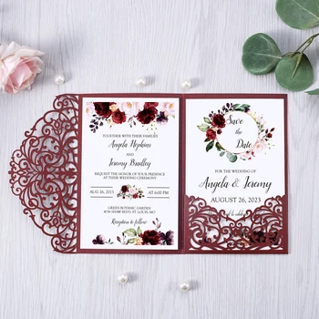50szt bordowy kolor elegancki kwiat cięcie laserowe ślubne kartki blask promienny zaproszeniu kieszeń na ślub z kopertą