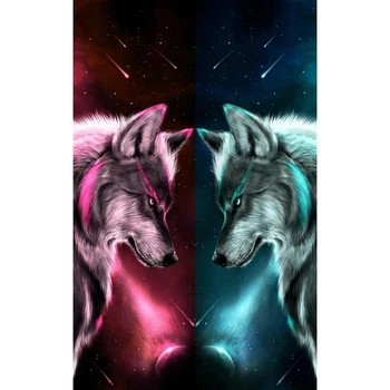 5D Diy Animals Diamond Painting Cross Stitch Water and Fire Symmetry Couple Wolf Full Round/square Diamond Home Decor Material