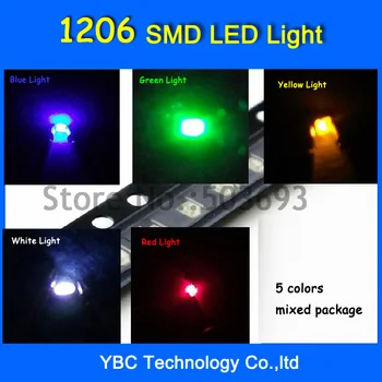 5valuesx100pcs=500szt LED SMD 1206 Ultra Bright Red/Green/Blue/White/Yellow Diode LED Light