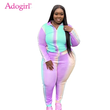 Adogirl Rainbow Color Changing Plus Size Women Casual Two Piece Set L-5XL Long Sleeve Zipper Jacket Top ołówek spodnie dres