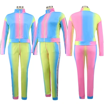 Adogirl Rainbow Color Changing Plus Size Women Casual Two Piece Set L-5XL Long Sleeve Zipper Jacket Top ołówek spodnie dres