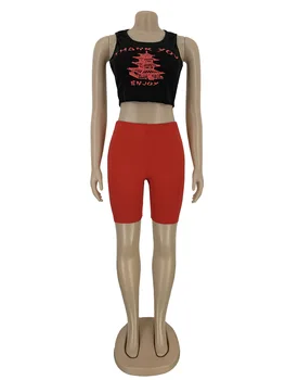 ANJAMANOR 2 Piece Set Plus Size Sexy Women Clothing Summer 2020 Thank You Enjoy Crop Top rowerzysta szorty legginsy strój D13-CB22