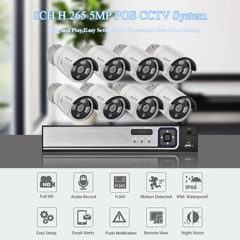 AZISHN H. 265 8CH 5MP POE Security Camera System Kit Audio Record IP Camera IR Outdoor Wodoodporny CCTV Video Surveillance NVR Set