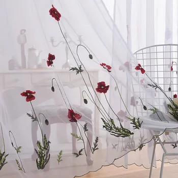 Białe przezroczyste haftowane czerwone kwiatowe zasłony firany do salonu klasyczna prosta пасторальная okienne zasłony sypialnia baldachim JK088Y
