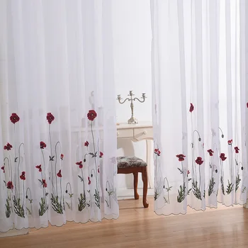 Białe przezroczyste haftowane czerwone kwiatowe zasłony firany do salonu klasyczna prosta пасторальная okienne zasłony sypialnia baldachim JK088Y