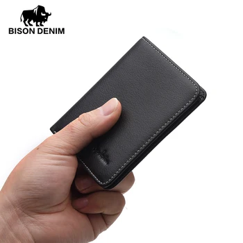 BISON DENIM luxury brand męskie portfele ze skóry naturalnej Męski mini przewodnik portfel biznesu dorywczo portfel