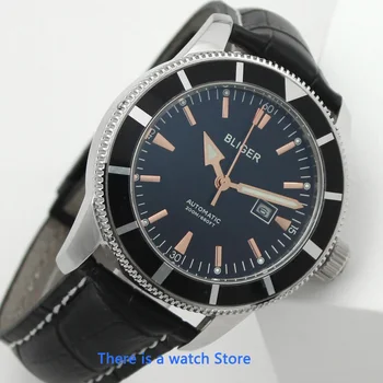 Bliger 46 mm czarna tarcza automatyczne mechaniczne zegarki męskie szkło szafirowe świecące wodoodporny Skórzany pasek zegarki męskie