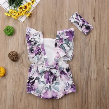 Body dla noworodka dziewczyny odzież kwiatowy print One Pieces body kombinezon+opaski 2szt dzieci dziewczyna koronki strój