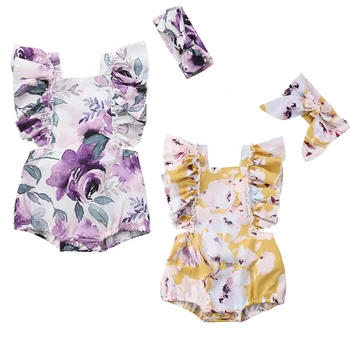 Body dla noworodka dziewczyny odzież kwiatowy print One Pieces body kombinezon+opaski 2szt dzieci dziewczyna koronki strój