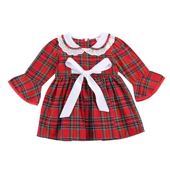 Boże narodzenie 1-6Y Girls Party Dress Plaid Print Ruffles Lace Sleeve Peter Pan Collar-Line Dress Dress with kokarda