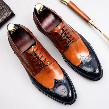 Brytyjski styl człowiek sukienka skrzydełko броги buty skóra naturalna poprawiny okrągły nosek mieszane kolory obuwie Męskie SS343