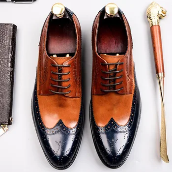 Brytyjski styl człowiek sukienka skrzydełko броги buty skóra naturalna poprawiny okrągły nosek mieszane kolory obuwie Męskie SS343