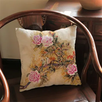 Chiński styl Piwonia kwiaty drukowane lniane woreczki ozdobne poszewki na poduszki do kanapy samochodu, wystrój domu capas para almofadas