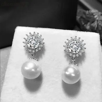 Choucong Sun Flower Drop earring AAAAA cz imitacja perły 925 srebro obrączki Ślubne kolczyki kolczyki dla kobiet
