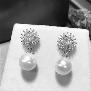 Choucong Sun Flower Drop earring AAAAA cz imitacja perły 925 srebro obrączki Ślubne kolczyki kolczyki dla kobiet