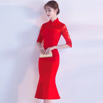 Czerwone Rękawy Elegancka Wschodnia Lady Ślub Tradycyjny Chiński Cheongsam Panna Młoda Wieczorowa Suknia Mandarynka Kołnierz Długi Ципао