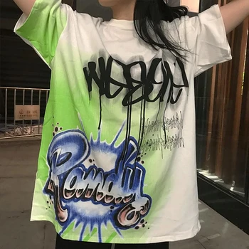 Damski luźny t-shirt z napisem Street Hip-hop Drip Ink Design Bt Graffiti z krótkim rękawem Oversize Medium Long Section