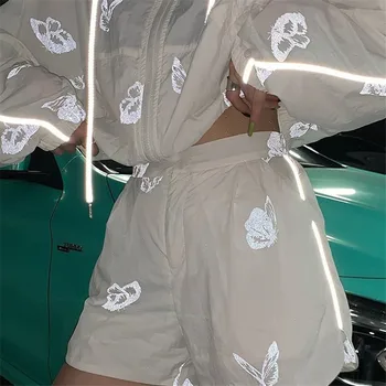 Damskie dresy z długim rękawem motyl odblaskowe wolny oddychający top z kapturem i sexy hip-hop spodenki spodnie 2 szt. Komplet, błyszcząca kurtka