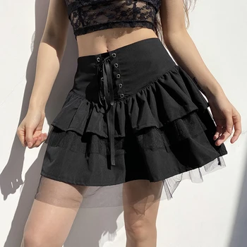 Darlingaga Harajuku gotycki ciemna siatka Patchwork spódnica z wysokim stanem mini koronki suknia spódnica tutu kobiety plisowane gotyckie spódnice Y2K