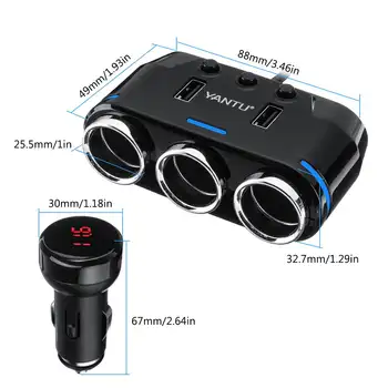 Dual USB Port 3 Way Auto Car Cig arette Lighter Socket Splitter Charger 12V DC Plug Adapter