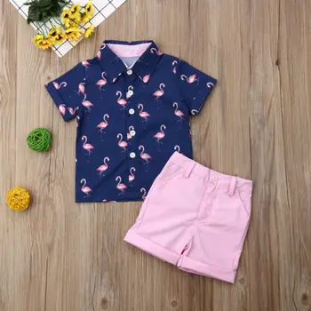 Dziecko dzieci Baby Boy ubrania flamingo koszula z krótkim rękawem bluzki spodenki spodnie formalne stroje dla Dzieci zestaw 2 szt. odzieży