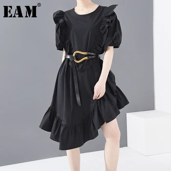 [EAM] kobiety czarne falbanki nieregularne temperament strój nowy okrągły dekolt z krótkim rękawem luźny krój moda wiosna lato 2021 1U38701