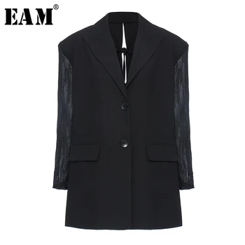 [EAM] kobiety czarny karbowany Split duży rozmiar marynarka nowy płaszcz z długim rękawem luźny krój kurtka moda przypływ wiosna jesień 2021 1Y053