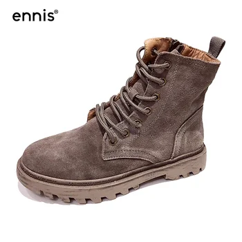 ENNIS 2020 zimowe rocznika skórzane buty Damskie buty ze skóry wołowej zamszu Martin sznurowane płaskie botki Jesienne damskie obuwie A13A