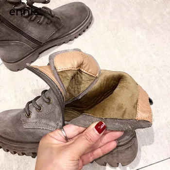 ENNIS 2020 zimowe rocznika skórzane buty Damskie buty ze skóry wołowej zamszu Martin sznurowane płaskie botki Jesienne damskie obuwie A13A