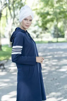 Eofashion Islamski Ręka W Paski Z Długim Rękawem Sweatwear Bawełna Ciemno-Niebieski Odzież Sportowa Hidżab Z Kapturem I Spodnie Szeroki Zakres Rozmiarów Kobiet