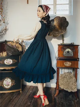Francja Sukienka Vintage Sztuczne Двухсекционное Patchwork Ciemno-Błękitne I Białe Paski Sukienkę