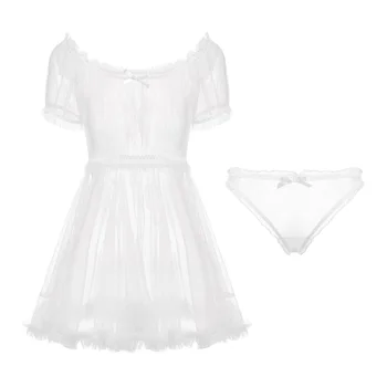Francuski ultra sexy Koronki bowknot piżamy słowo ramię przezroczysta siatka koszula nocna zestaw dla kobiet strona odzież bielizna nocna dla kobiet
