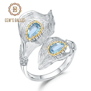 GEM'S BALLET 1.25 C naturalny niebieski topaz Calla liść lilii pierścienie 925 srebro ręcznie regulowany pierścień dla kobiet Bijoux