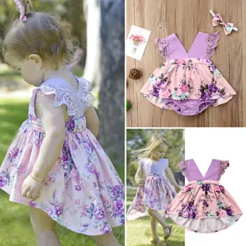 Goocheer 2020 Toddler Baby Sister Kids Girl Lace Purple Matching Clothes Tops Dress Bodysuit Kwiatowy Lato Piękne Stroje