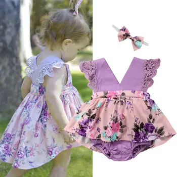 Goocheer 2020 Toddler Baby Sister Kids Girl Lace Purple Matching Clothes Tops Dress Bodysuit Kwiatowy Lato Piękne Stroje
