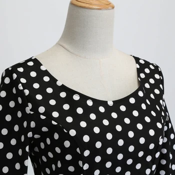 Granatowy kropki Sukienka jesień kobieta rękawy szlafrok Femme Vintage 50-tych, 60-tych rockabilly Pin Up bawełna jesienne sukienki dla kobiet