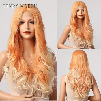 HENRY MARGU Ombre Golden Platinum Blonde Lace Front peruki długie ciało peruka cosplay peruki syntetyczne dla kobiet afro odporne na ciepło